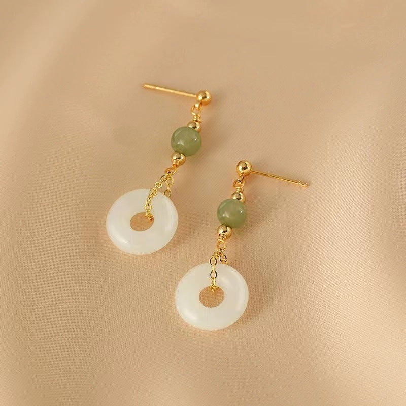 Pendientes chinos redondos blanco jade elegantes retro chino