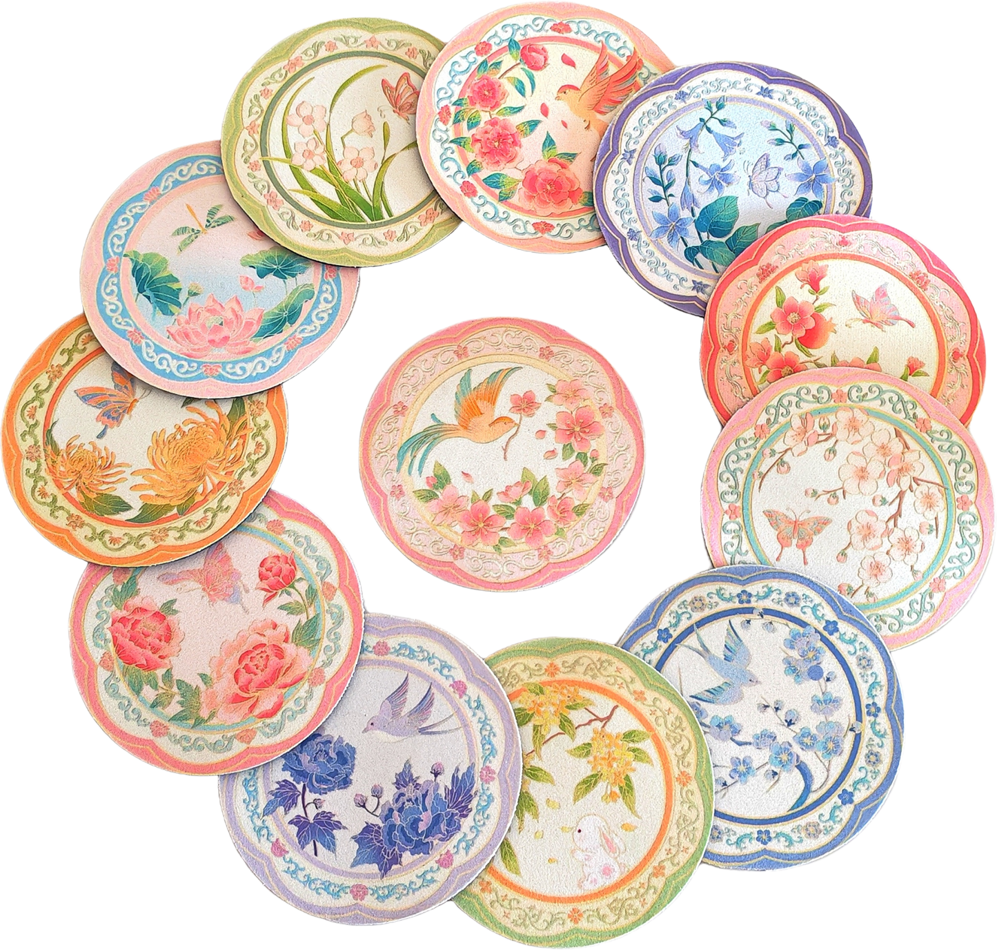 Posavasos antideslizante redondo floral oriental estilo chino regalo original protector de mesa y taza Ciclo de las 12 flores