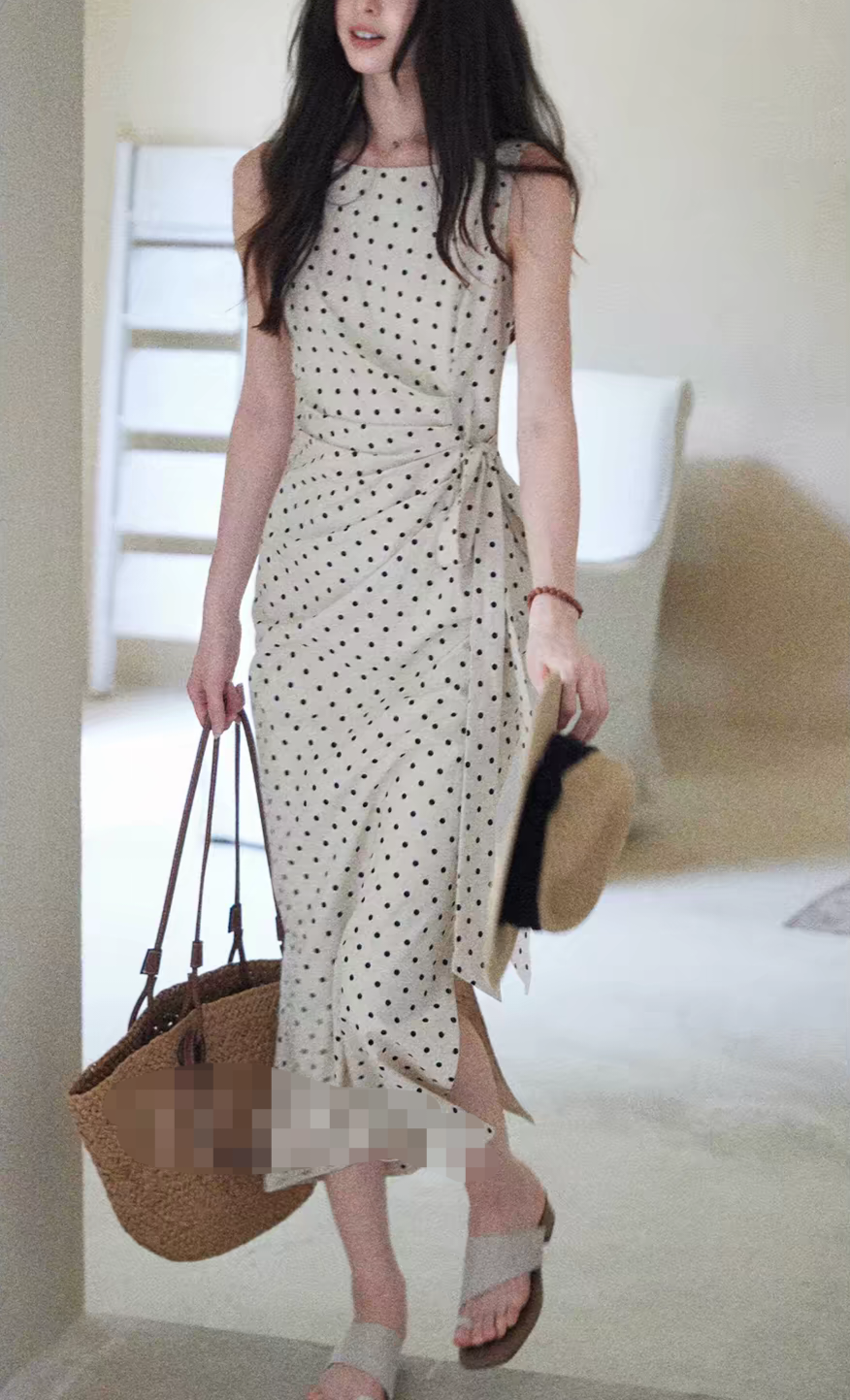Vestido lunares con lazo corte QiPao de algodón y lino