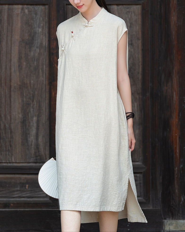 Vestido lino con bolsillos y botones diagonales PanKou