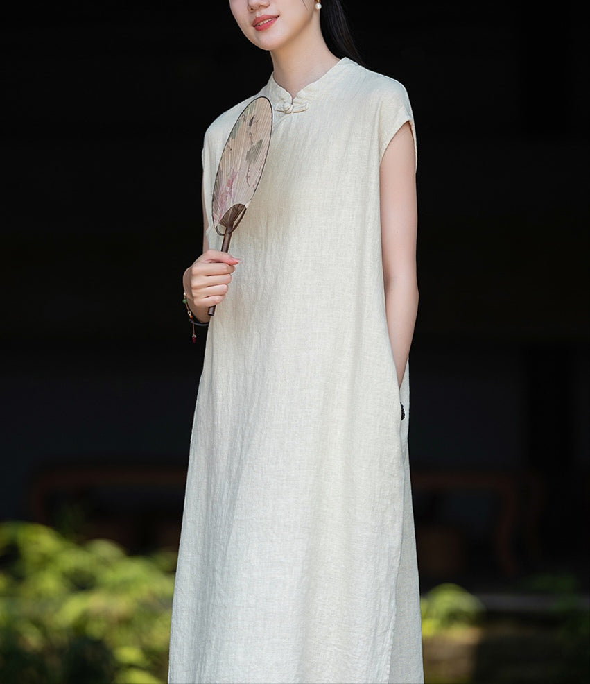 Vestido lino con bolsillos y botones diagonales PanKou