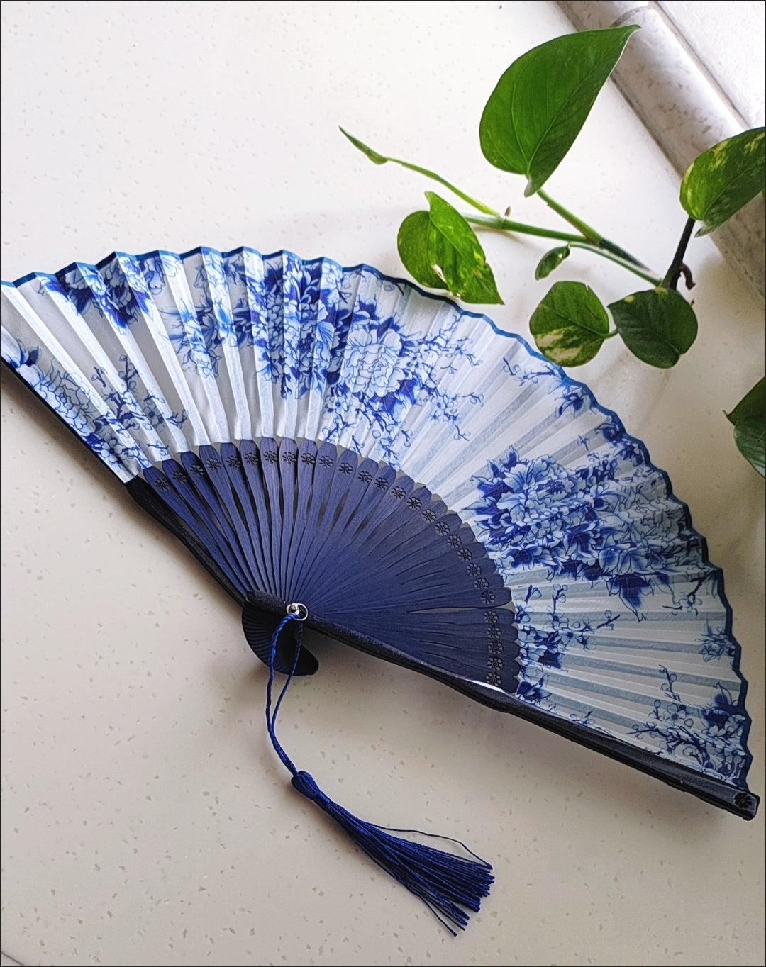 Abanicos dibujo de porcelana china bambú azul