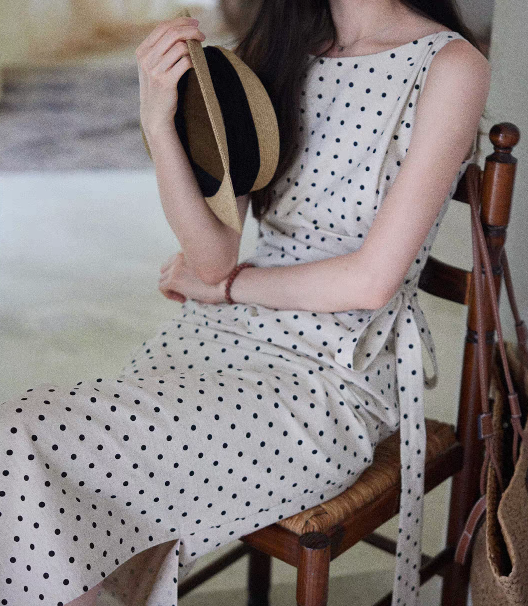 Vestido lunares con lazo corte QiPao de algodón y lino