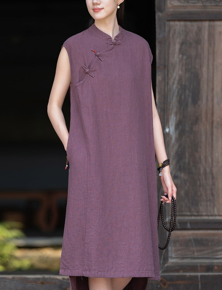 Vestido lino con bolsillos y botones diagonales PanKou