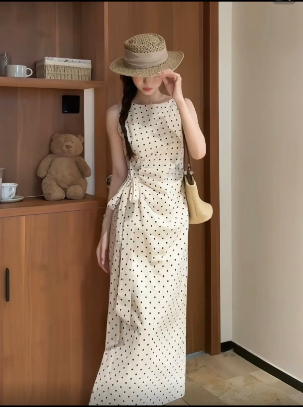 Vestido lunares con lazo corte QiPao de algodón y lino