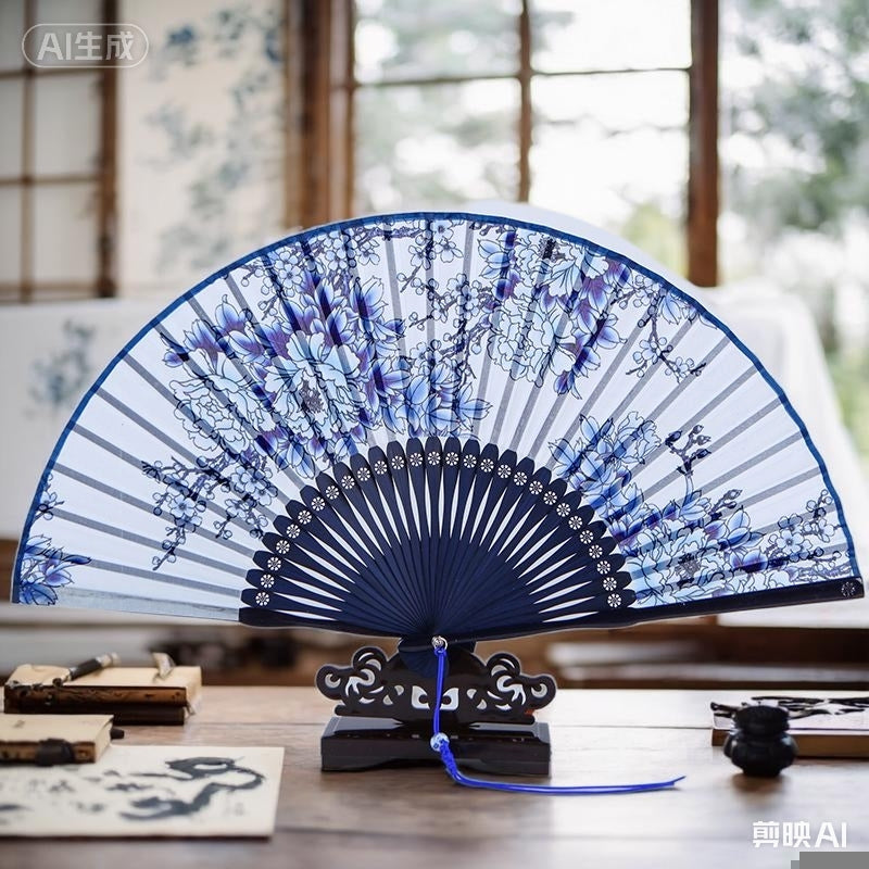 Abanicos dibujo de porcelana china bambú azul