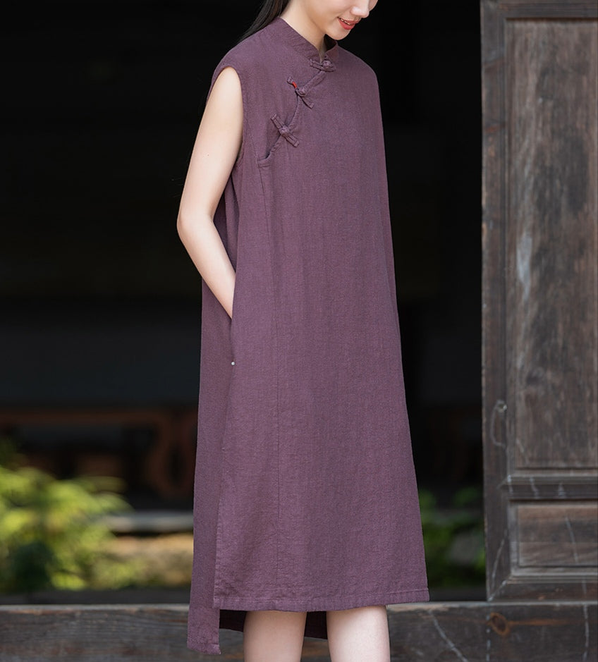 Vestido lino con bolsillos y botones diagonales PanKou
