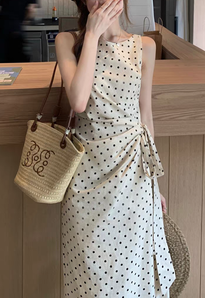 Vestido lunares con lazo corte QiPao de algodón y lino