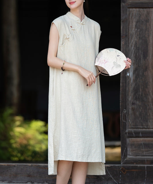 Vestido lino con bolsillos y botones diagonales PanKou