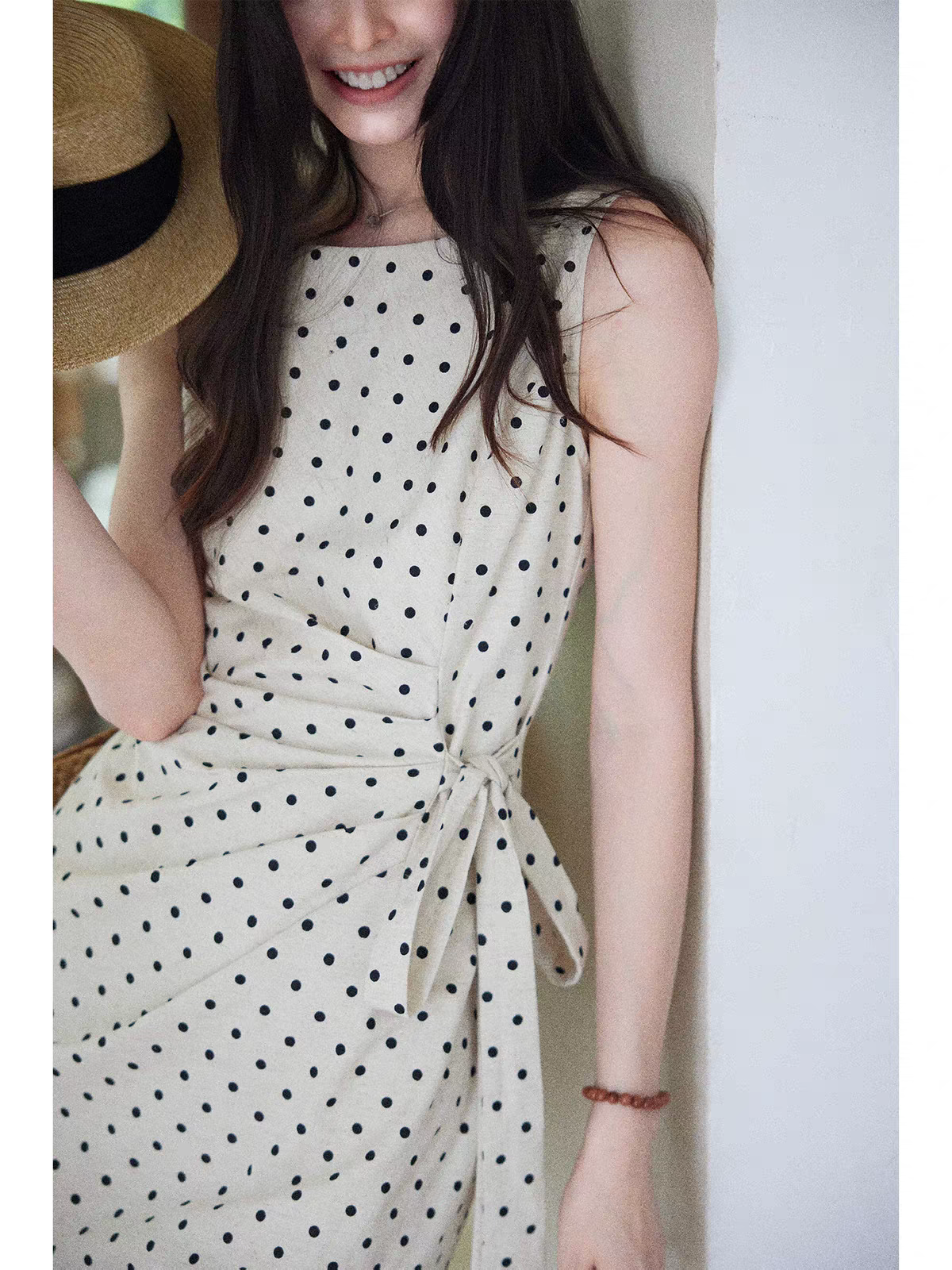 Vestido lunares con lazo corte QiPao de algodón y lino