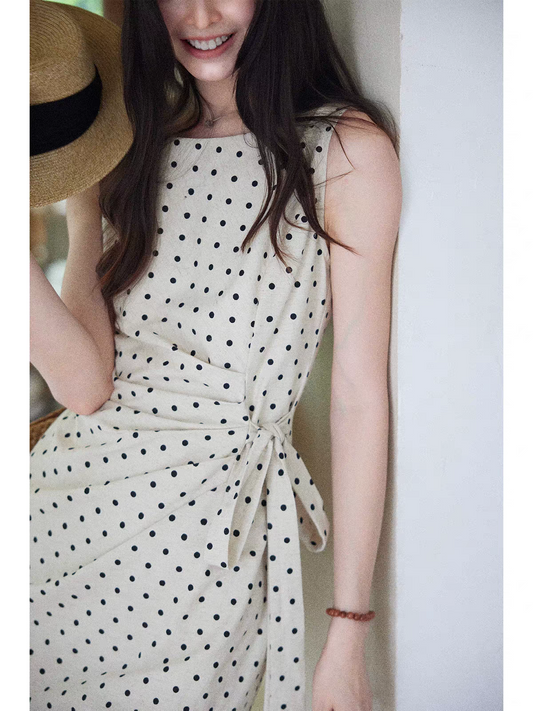 Vestido lunares con lazo corte QiPao de algodón y lino